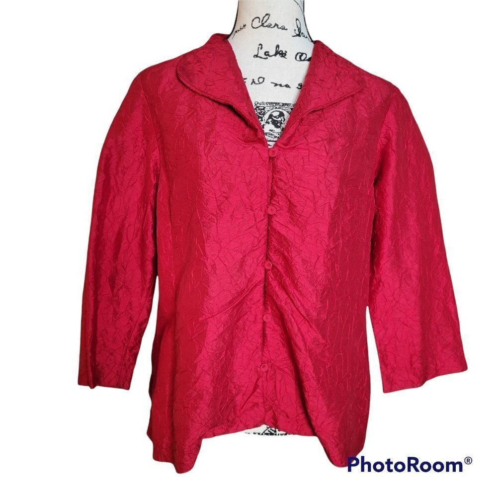 Eileen Fisher Red Silk Crinkle Lightweight Blazer Jacket/ Button Down Top - Sz M
